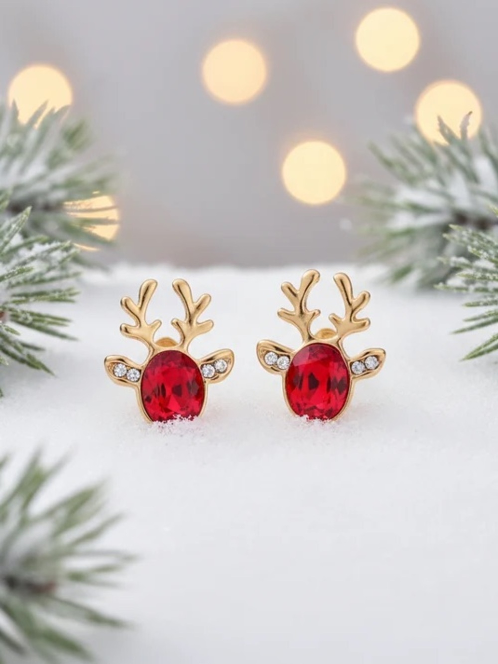 Gold Reindeer Stud Earrings with Red Crystal